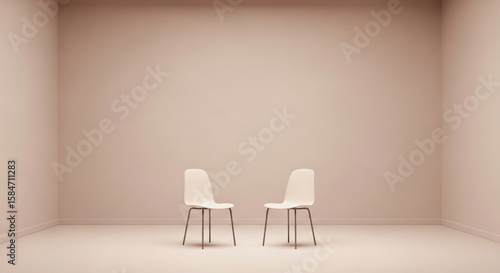 Two White Chairs Facing Each Other in a Minimalist Beige Room