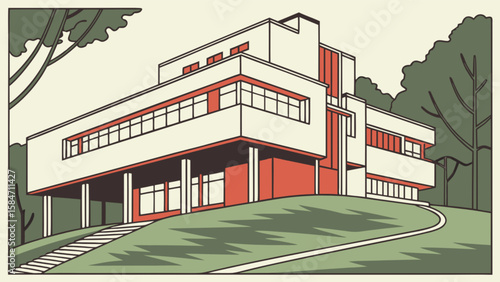 Modernist villa architecture design illustration of house exterior with trees and landscape art style