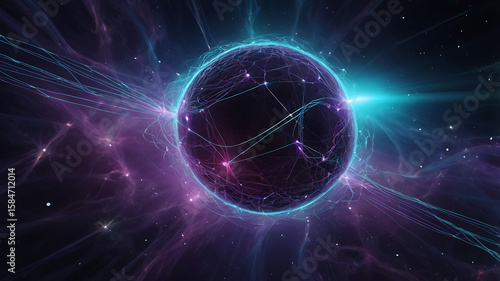 Quantum particle field visualization with glowing dots connected by energy lines in electric purple and cyan against deep space background