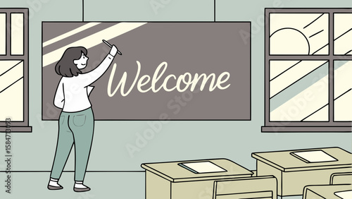 Illustration of a teacher writing welcome on a chalkboard in a classroom with desks and windows scene