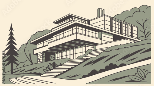 Modern house architecture design building exterior with nature landscape and stairs illustration art