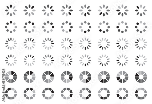 Loading spinner icon set in grayscale. Circular buffering symbols for web, UI, and internet progress.
