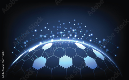 Futuristic digital hexagon sphere with glowing particle orbit and quantum design, representing AI, nanotechnology, big data, and high-tech innovation in a modern science and virtual computing