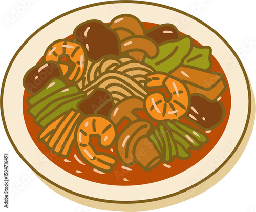짜장면과 단무지의 먹방 한끼 중식 배달 음식 일러스트) Jajangmyeon & Pickled Radish Mukbang Illustration for Chinese Delivery Cuisine