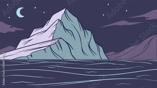Cartoon iceberg landscape at night with moon and stars digital art illustration scenic antarctic view drawing