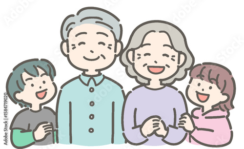 祖父母・孫が笑顔の家族のイラスト
