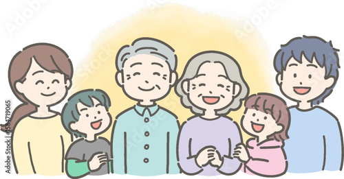 祖父母・父母・孫が笑顔の3世代家族のイラスト
