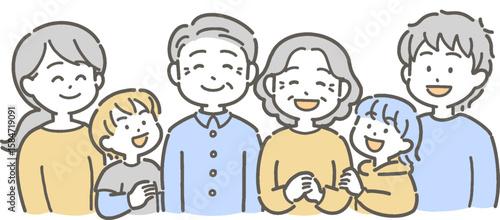 祖父母・父母・孫が笑顔の3世代家族のイラスト
