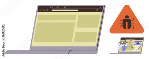 Laptop displaying compromised website and warning triangle with bug icon. Ideal for online security, virus threats, malware risks, data protection, hacking awareness, IT support, simple flat metaphor