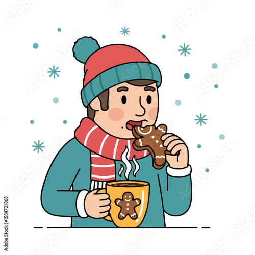 Cartoon character eating gingerbread cookie and drinking hot chocolate. Vector flat design cartoon. AI generated images.	