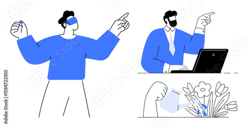 Person in VR headset, man working on laptop, hand watering plants. Ideal for virtual reality, teamwork, remote work, innovation, sustainability creativity and collaboration themes. Simple flat