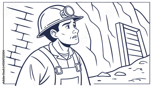 Worried miner in underground tunnel, black and white line art illustration of a worker in a mine with headlamp