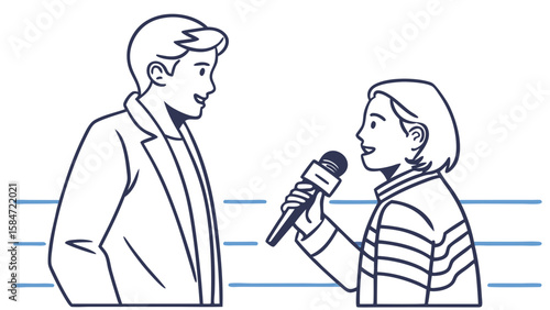 Journalist Interviewing Man Illustration: News Report, Public Speaking, Media Communication, Press Conference