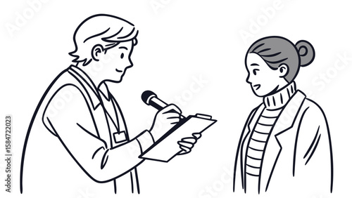 Journalist interviewing a person with a microphone and clipboard, professional communication, news report, discussion, media