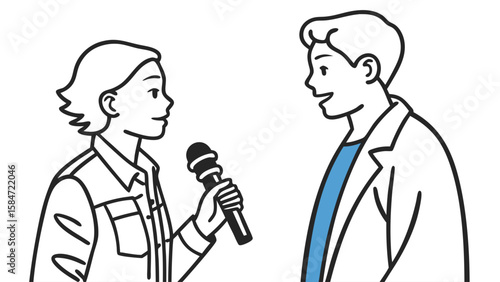 Reporter interviewing a man with a microphone, communication and media illustration
