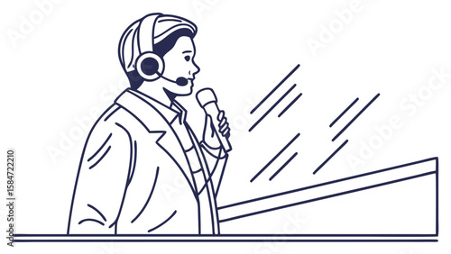 Professional Male Broadcaster with Headset and Microphone in Studio Line Art