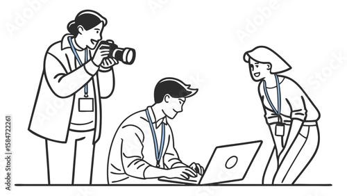 Professional team collaboration: Photographer, laptop user, and communicator. Line art illustration of event or media work.