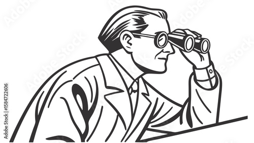 Classic Illustration of Man Using Binoculars for Observation and Foresight in Business Strategy