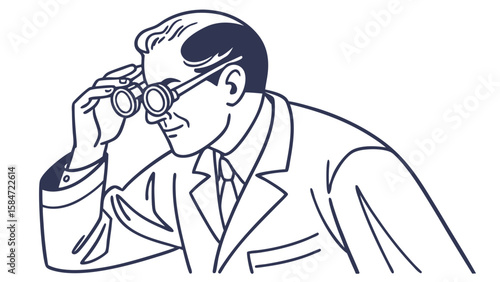 Man adjusting glasses, looking intently. Retro line art illustration for focus, observation, or research concept.