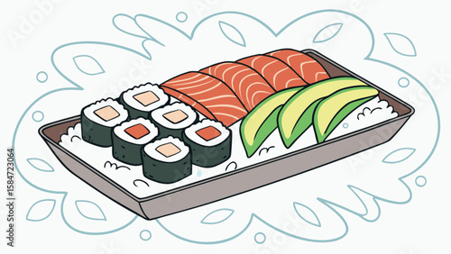 Delicious sushi platter with salmon avocado and maki rolls japanese cuisine food illustration restaurant menu art