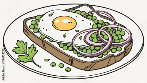 Delicious egg toast with peas and onions recipe breakfast food healthy brunch meal culinary dish illustration