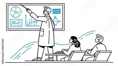 Educator in Lab Coat Presenting Data and Charts to Students, Line Art Illustration