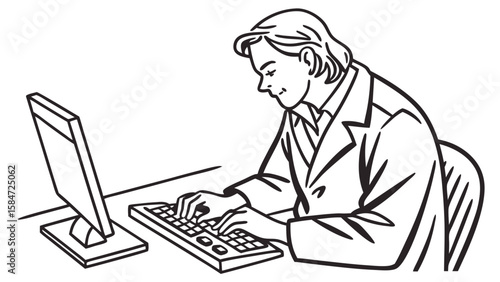 Professional Person Working on Computer at Desk - Line Art Illustration for Business and Technology