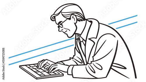 Professional Man in Glasses Typing on a Computer Keyboard - Black and White Line Art Illustration for Business and Technology Concepts