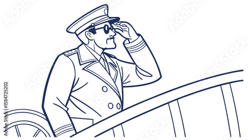 Line Art Illustration of a Ship Captain in Uniform Shading Eyes on Deck