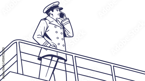 Line Art Illustration of Ship Captain Talking on Smartphone on Deck