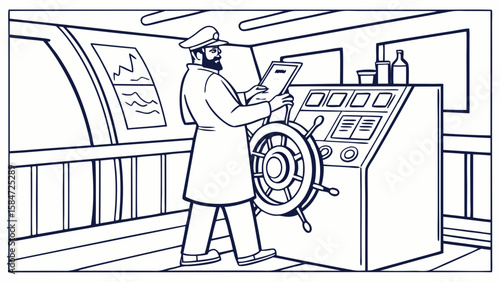 Bearded Ship Captain Navigating Vessel from Bridge - Line Art Illustration