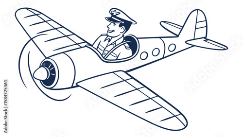 Smiling Pilot in Classic Propeller Plane Line Art Illustration
