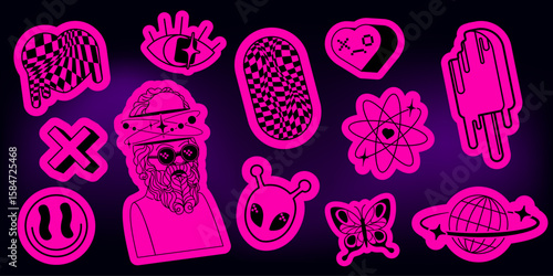 Neon pink future sticker set with y2k vibes - checkerboard geometric pattern, mystic eye and heart, atomic flower and melting popsicle, bearded man and alien creature, butterfly for cyber aesthetic.