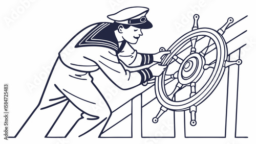 Vintage Style Sailor Steering Ship's Wheel Line Art Illustration