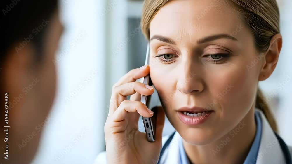 Woman talking on phone smiling in office Woman talking on phone smiling in office