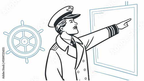Nautical Captain Pointing with Ship's Wheel Outline. Leadership and Navigation Concept Line Art Illustration