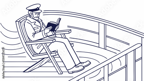Captain Reading Book on Ship Deck: Nautical Leisure and Relaxation Illustration