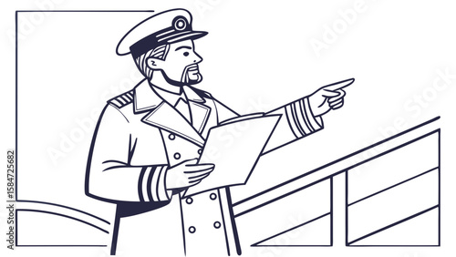 Ship Captain Directing with Document, Nautical Leadership Line Art Illustration