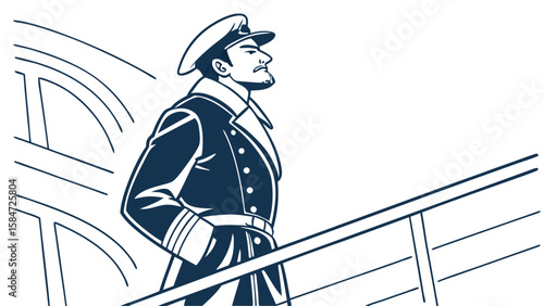 Confident Ship Captain in Uniform on Deck Looking Out. Nautical Leadership and Travel Illustration.