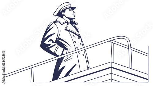 Confident Captain on Ship Deck Gazing Forward - Leadership & Vision Illustration