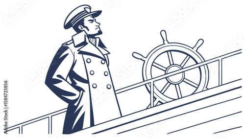 Determined Ship Captain at Helm on Deck - Nautical Leadership Illustration