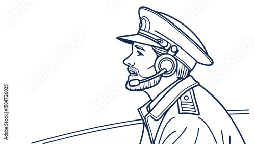 Professional Pilot or Ship Captain in Uniform with Communication Headset Line Art Illustration