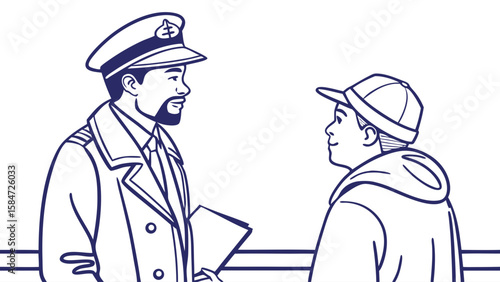 Ship Captain and Young Man Conversing in Line Art Illustration