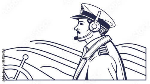 Ship Captain Steering Vessel at Sea with Headset - Nautical Profession Line Art Illustration