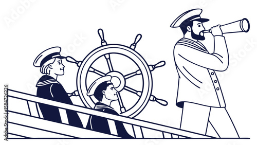 Nautical Teamwork: Captain and Sailors Navigating Ship with Telescope, Maritime Line Art Illustration