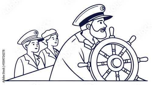 Maritime Captain and Crew Steering Ship - Ocean Voyage Leadership Concept