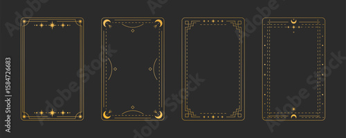 Golden tarot card frame set with mystical symbols - ornate rectangular borders decorated with stars, moons and celestial elements on black background for divination deck design, occult templates.
