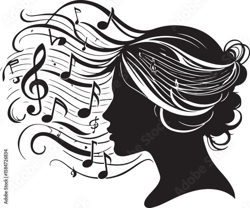 Woman profile with musical notes in hair silhouette black and white