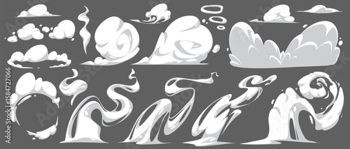 Cartoon smoke effects collection for comic design - white cloud puffs, swirling steam, explosive burst shapes, wind trails and motion vapor. Dynamic elements of flowing curves for action scenes.