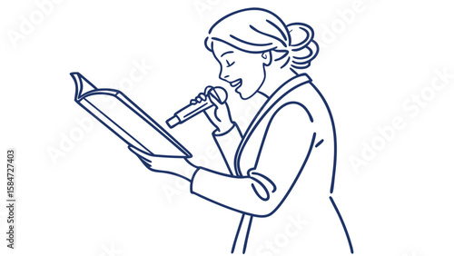 Woman with microphone and book, line art illustration. Female speaker or singer reading aloud for presentation, performance.